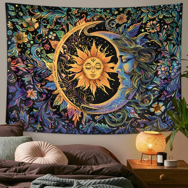 1PC Sun and Moon tapestry, mysterious floral tapestry, hippie style floral plant wall retro aesthetic tapestry