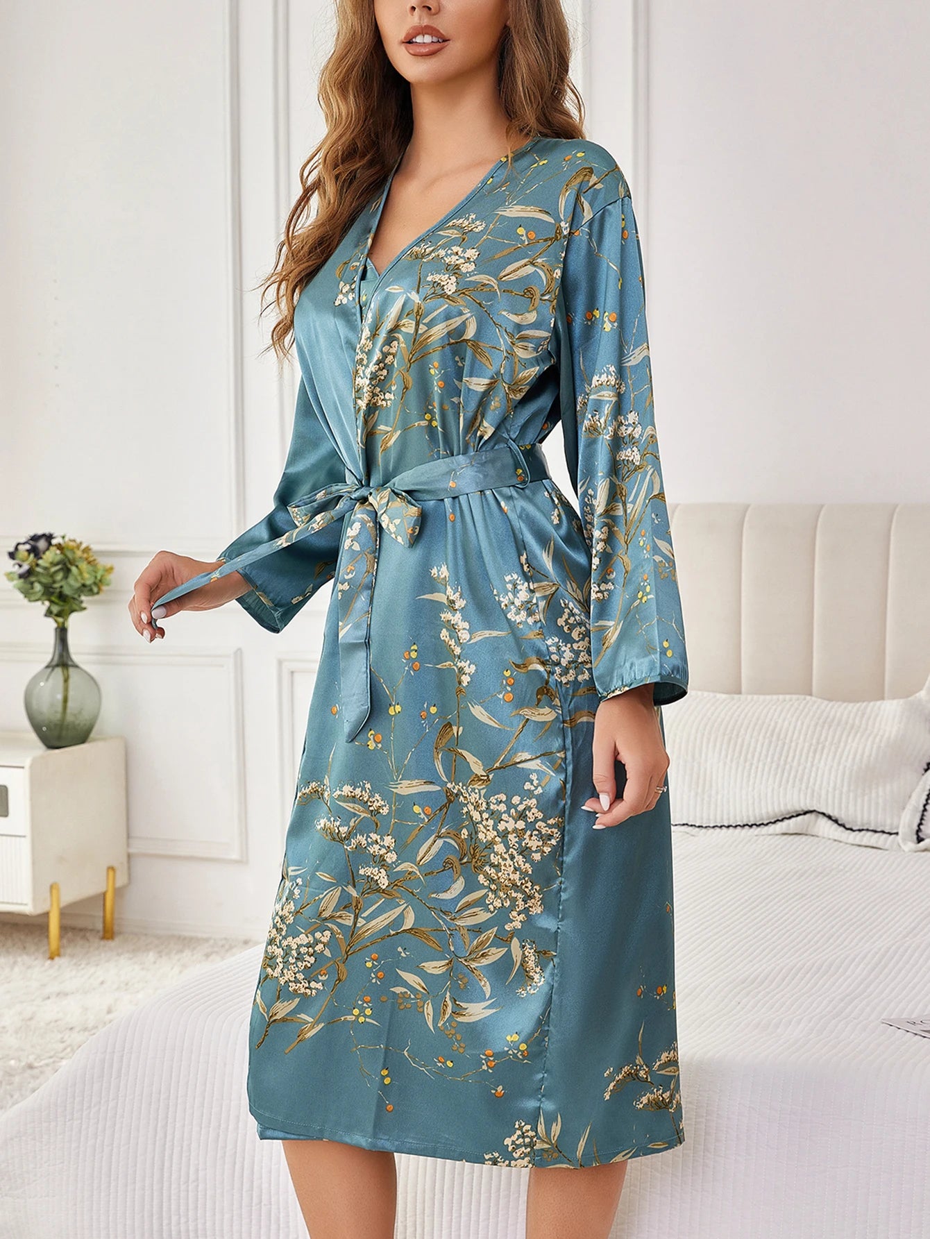 Women's Elegant Silk Robe Floral Print Loose Fit Long Sleeve Breathable Loungewear All-Season