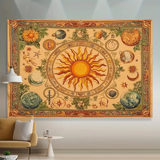 1pc Bohemian celestial tapestry with sun, moon, sunflower and butterfly pattern - Vibrant yellow polyester wall hanging