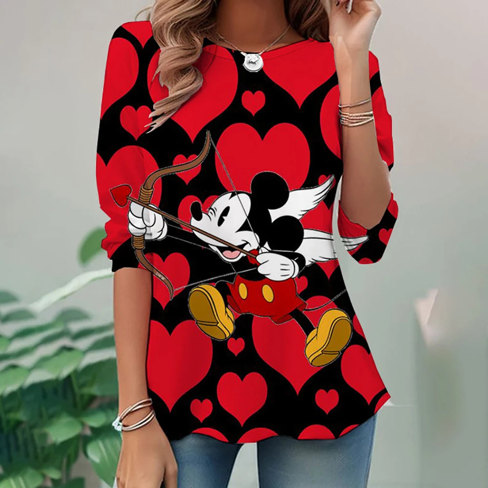 Women's Spring and Autumn New S-3XL Large T-shirt Solid Color Long Sleeve Loose Disney's Mickey Mouse Casual Harajuku Waist T-sh