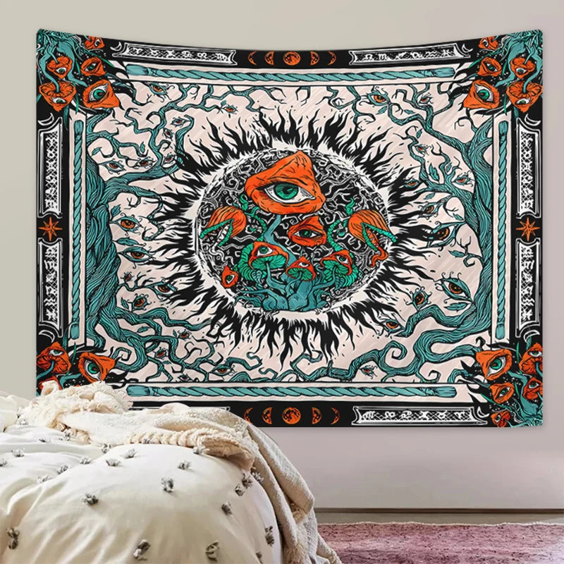 1pc Bohemian burning sun mushroom octopus tapestry, psychedelic eye marine creature tapestry