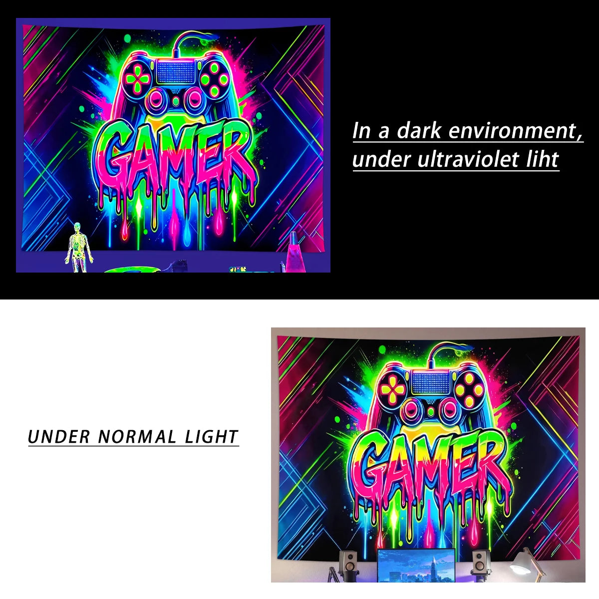 1pc Game controller fluorescent tapestry, UV reactive tapestry, e-sports room, e-sports club background decoration wall hanging
