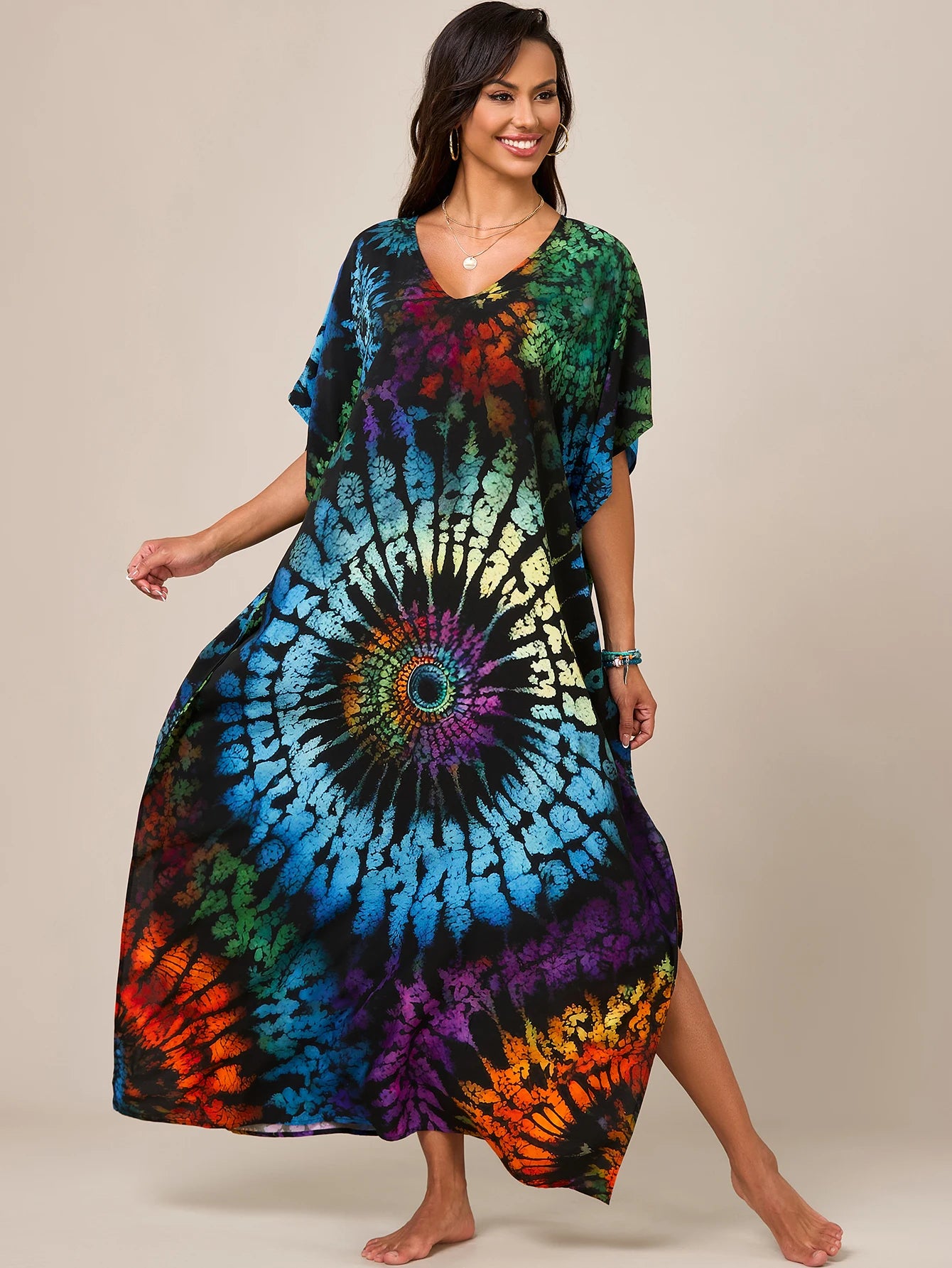 Women's Summer Ethnic Style Kaftan - V-Neck Side Slit Resort Cover-Up Dress for Bikini & Loungewear