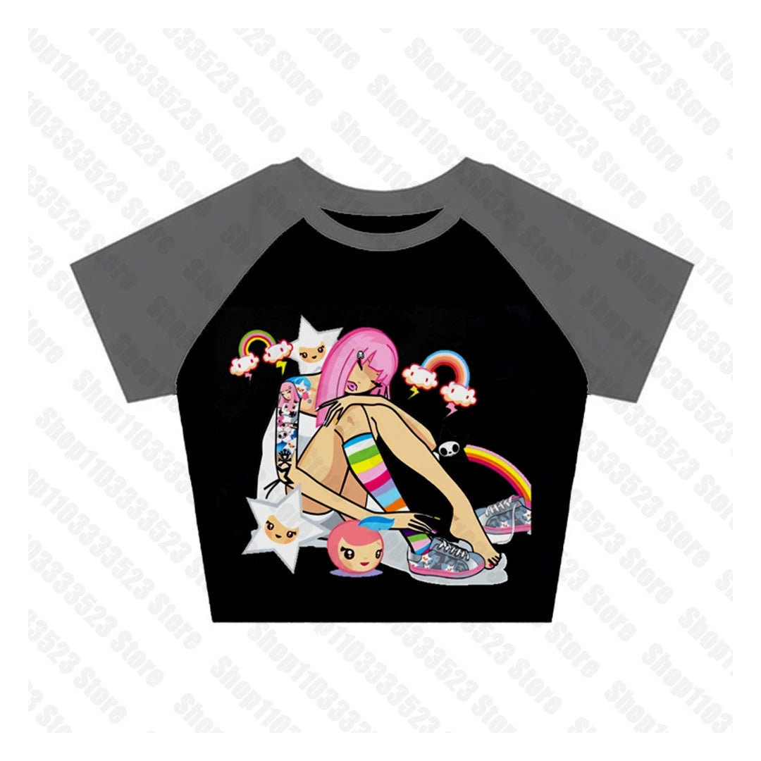 2000s E-girl Goth Women Vest Tank Top Aesthetic Streetwear Vintage Casual Short Sleeve T-Shirts Punk Y2k Style Clothes Baby Tees