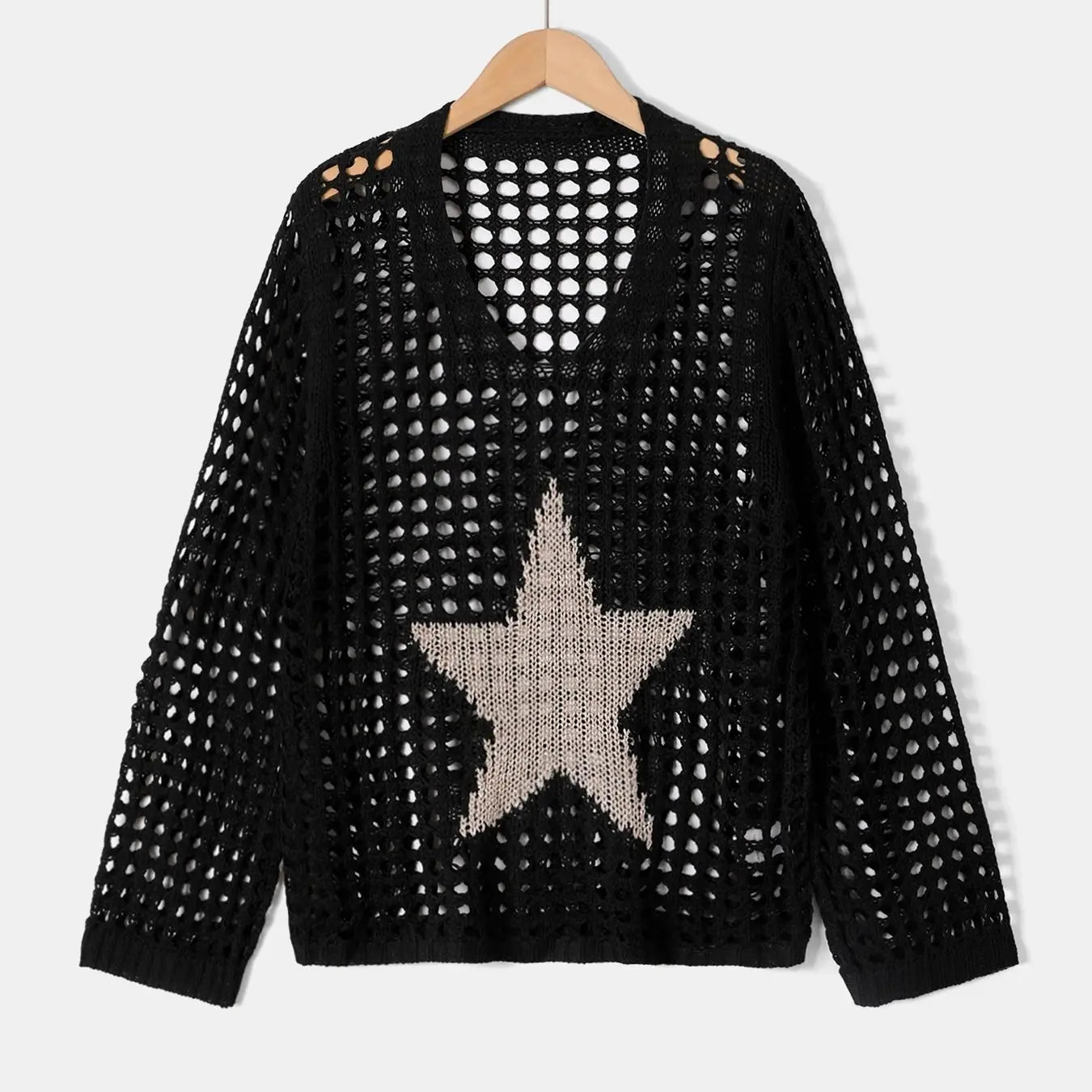 Women'S Lightweight Crochet Knit Top - Casual V-Neck, Long Sleeve Hollow Out Knit with Golden Star Beach Cover-Up, Perfect for S