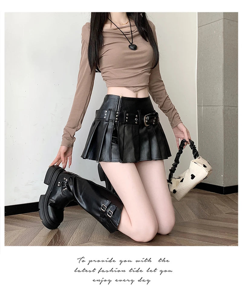 Women's Black Gothic A-line Pleated Leather Skirt Y2k Mini Shorts Skirts Harajuku Korean Emo Skirt 2000s Vintage Clothes Summer