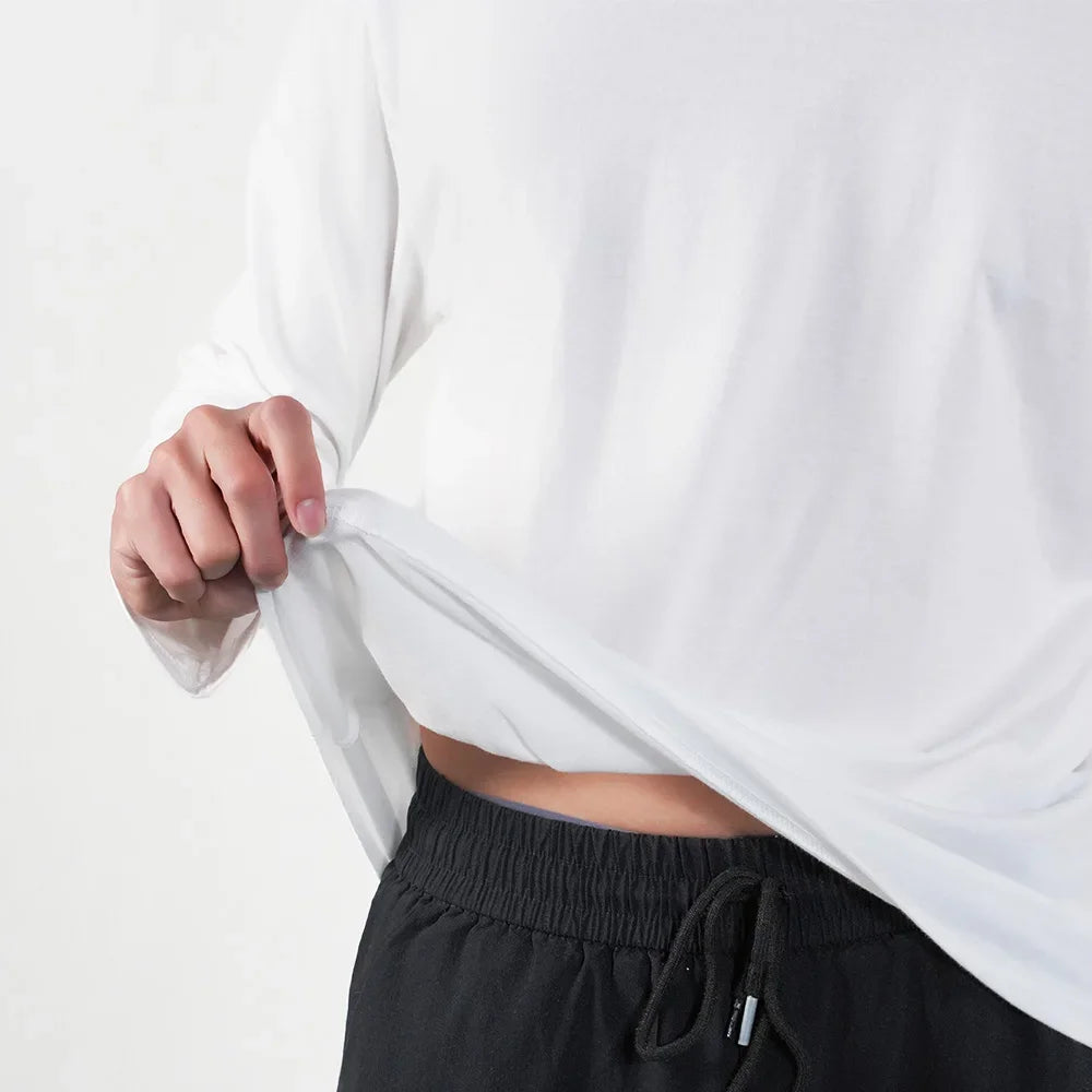 1PC Mens White Black T Shirts Casual Long Sleeve Top Cotton Moisture Wicking O-Neck Tees Tanks Classic Loose Tshirts for Men