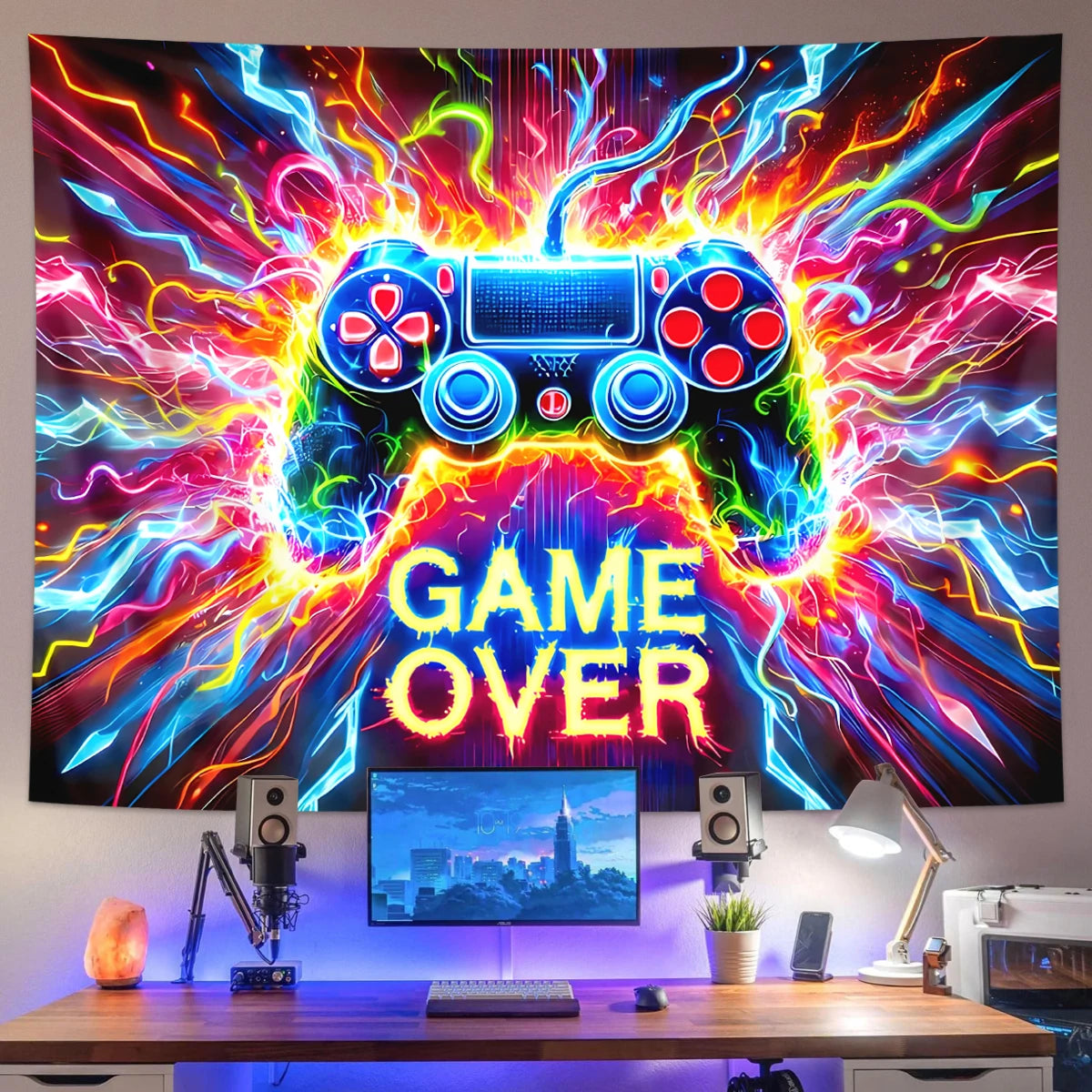 1pc Game controller fluorescent tapestry, UV reactive tapestry, e-sports room, e-sports club background decoration wall hanging