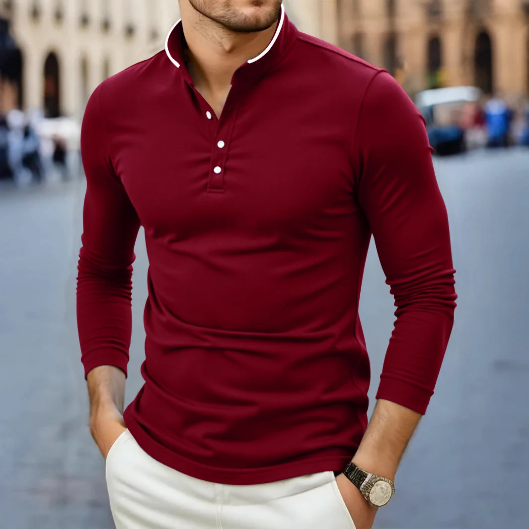 2025 New Men's Casual and Fashionable Solid Color Long Sleeved Stand Up Collar T-shirt Summer Versatile and Comfortable Top
