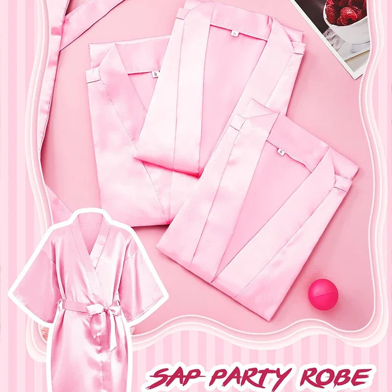 12 Pack Girls Kids Silky Satin Robe with Hair Band Slipper Hair Ring for Wedding Birthday Party Spa