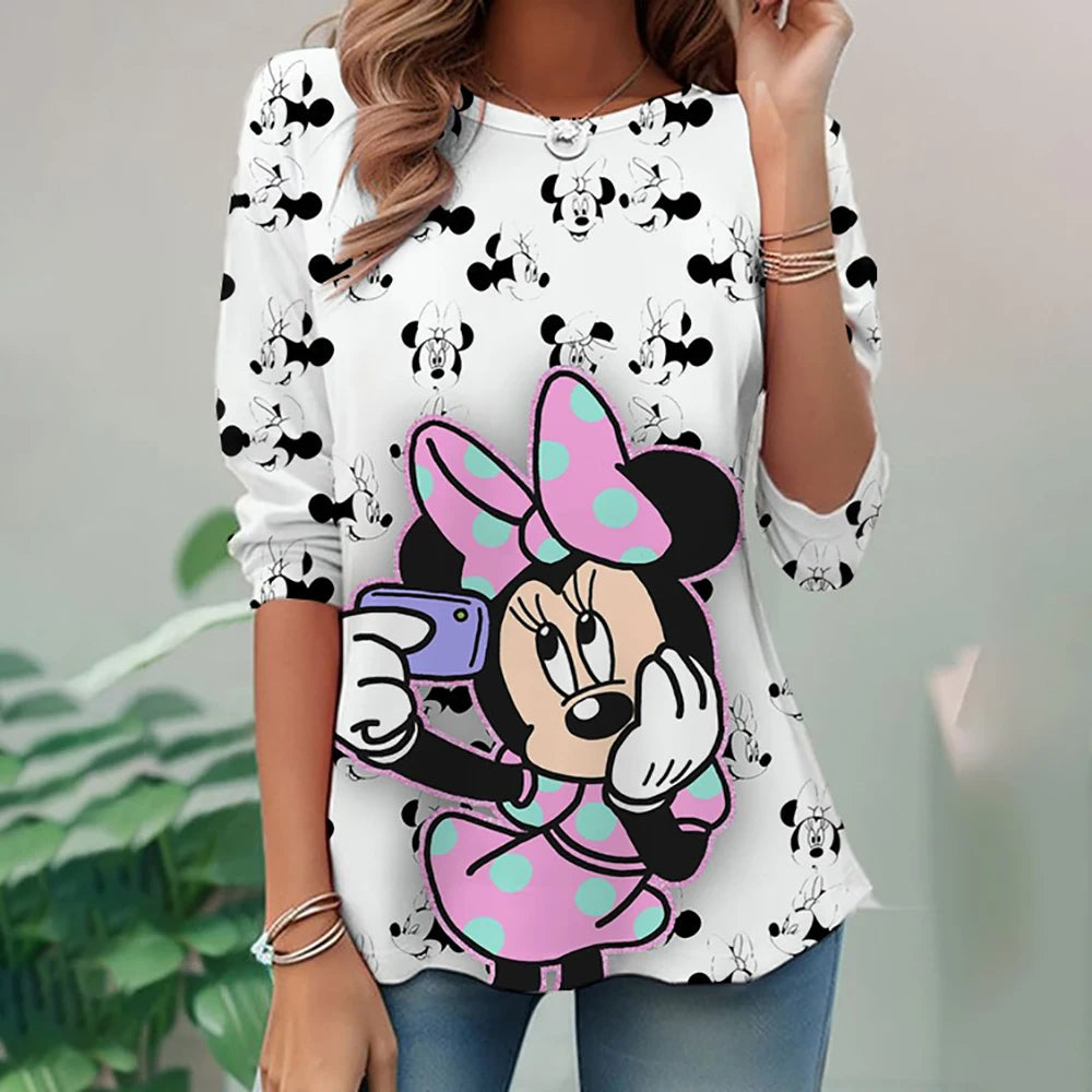 Women's Spring and Autumn New S-3XL Large T-shirt Solid Color Long Sleeve Loose Disney's Mickey Mouse Casual Harajuku Waist T-sh