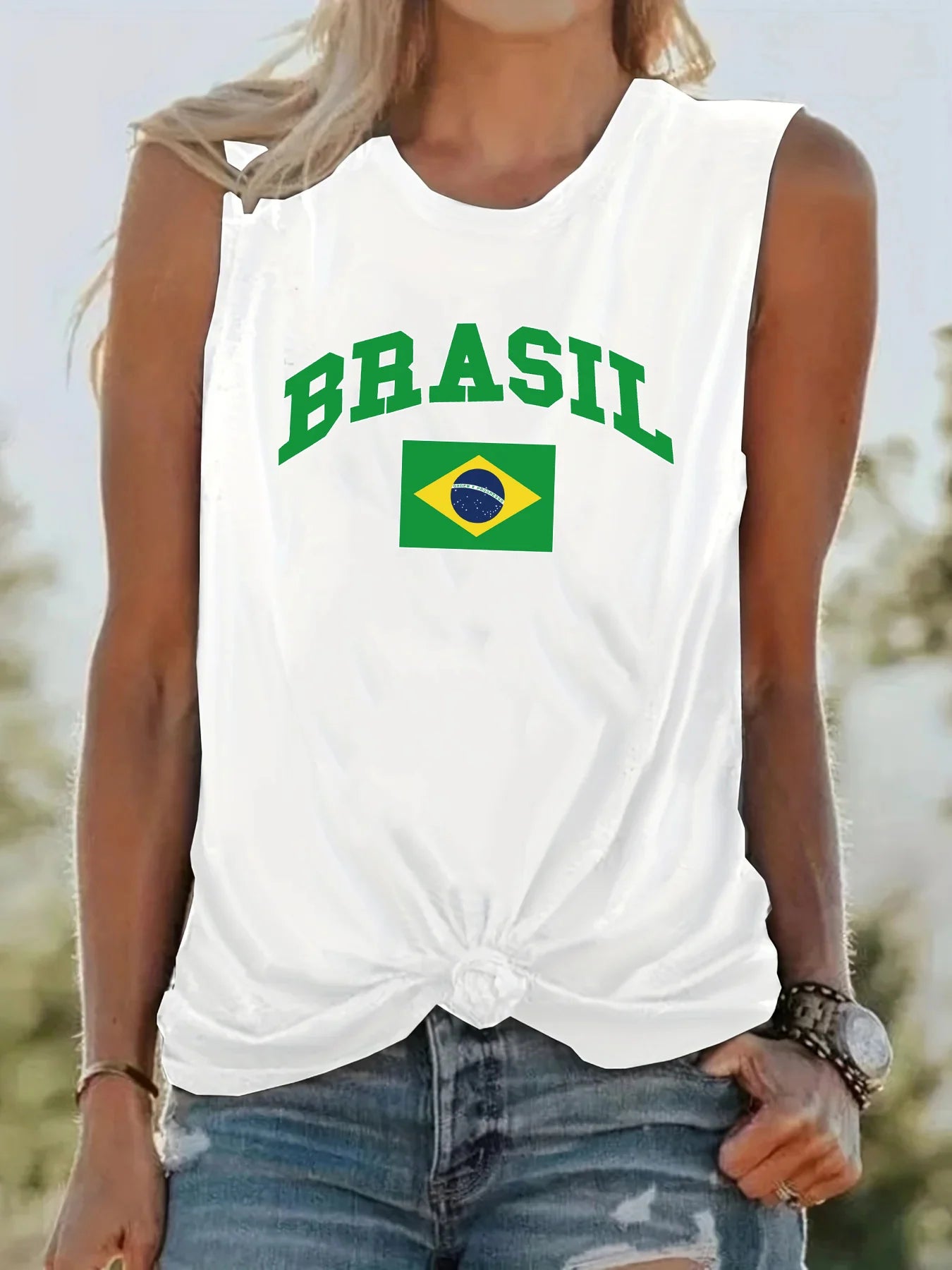 Women's Summer BRASIL Pattern Print Large Casual Round Neck Sleeveless Loose Tank Top T-shirt