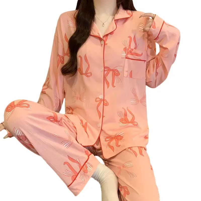 Women's Pajamas Set Bow Print Sleepwear Button Down Tops Long Pajama 2 Piece Suit Pyjama Femme Nightwear Loungewear for Winter