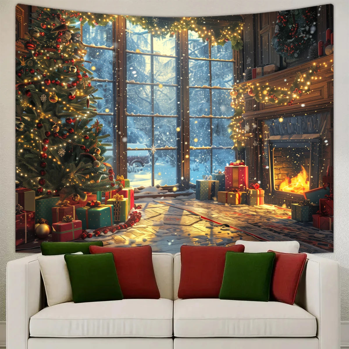 1pc Christmas tapestry, snow background banner outside the Christmas tree window, Christmas fireplace tapestry