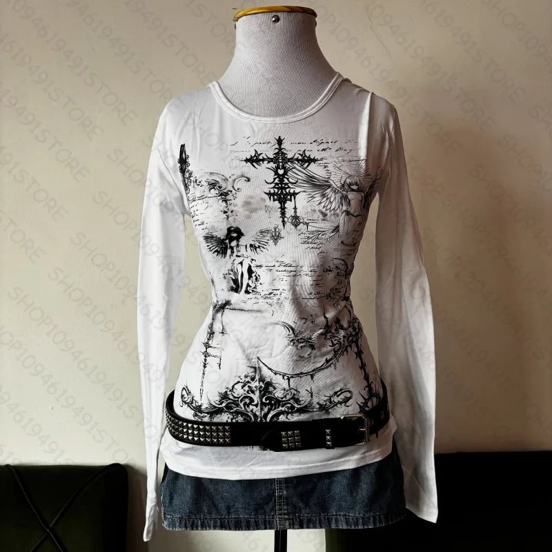 Y2k style aesthetic sweet and sexy long sleeved top for women's casual gothic punk printed T-shirt Harajuku Grunge clothes Emo