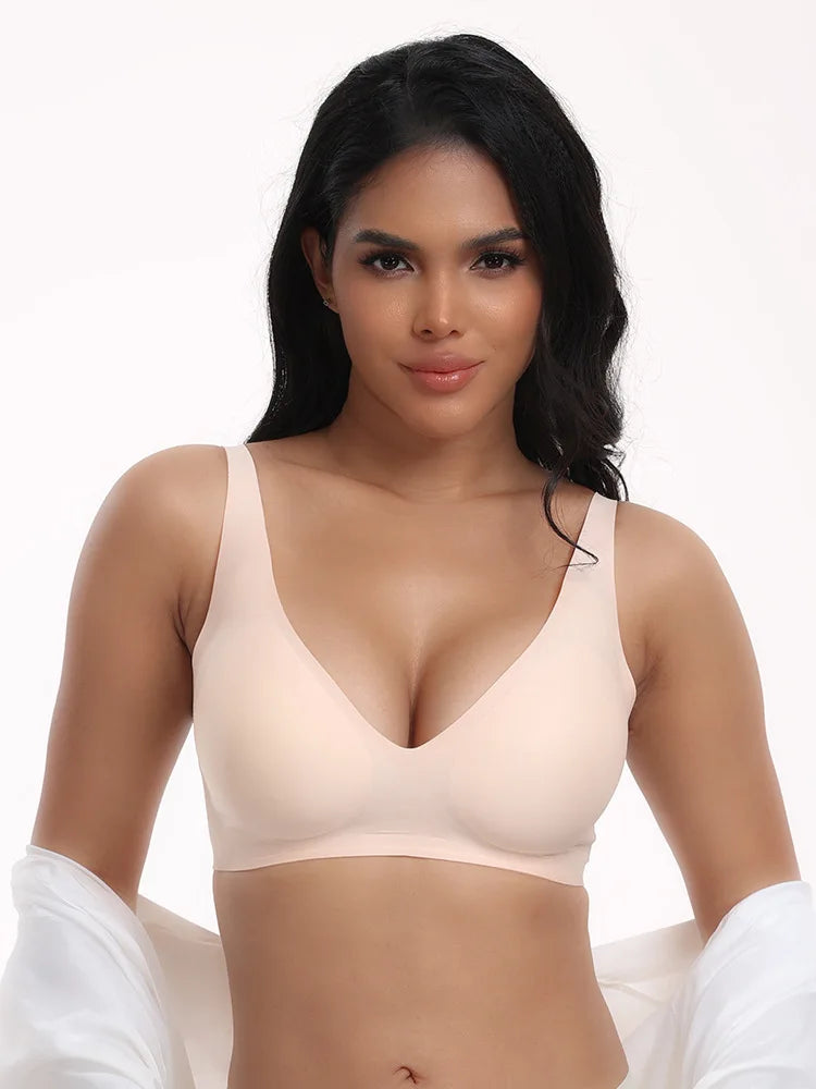 Women's Solid Underwear Seamless Wire-Free Full-Cup Bra with Comfortable Gathering Support Traceless Breathable Female Lingerie