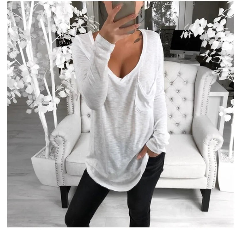 Women's Solid Color Fashion V-neck Long Sleeved T-shirt Ladies Casual Simple T-shirt