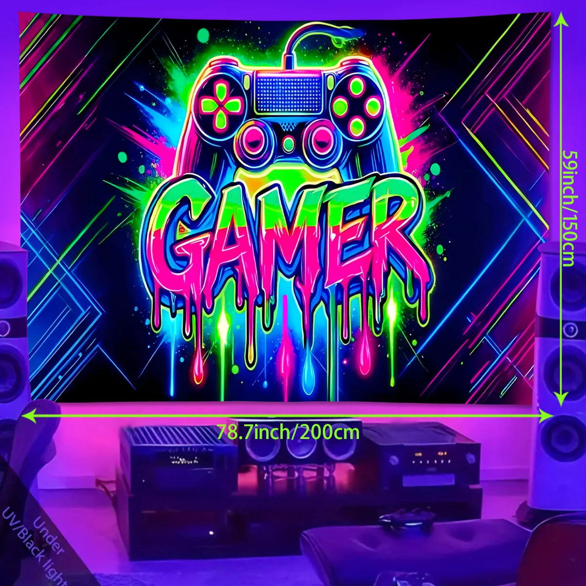 1pc Game controller fluorescent tapestry, UV reactive tapestry, e-sports room, e-sports club background decoration wall hanging