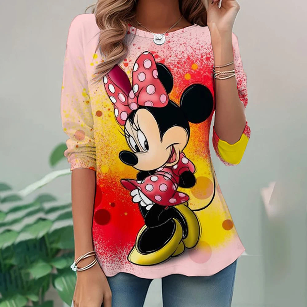 Women's Spring and Autumn New S-3XL Large T-shirt Solid Color Long Sleeve Loose Disney's Mickey Mouse Casual Harajuku Waist T-sh