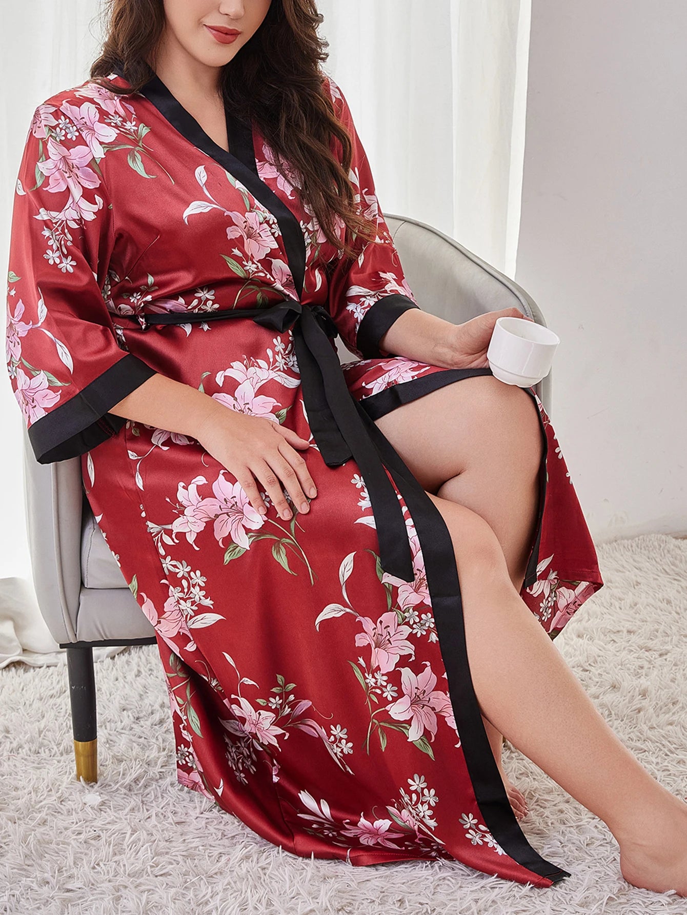 Women's Plus Size Belted Silk Robe Lightweight Random Floral Print Loose Long Sleepwear Fall Winter Loungewear for Curvy Home