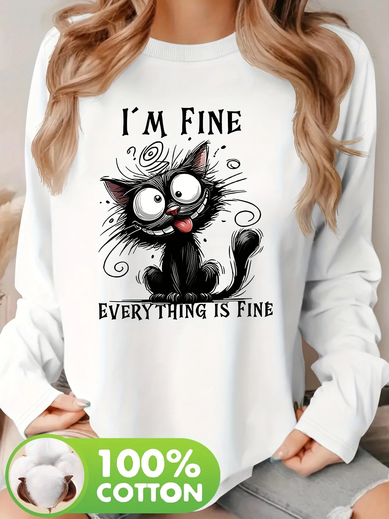 100% pure cotton women's spring and autumn comfortable casual long sleeved Paris graphic printed round neck T-shirt