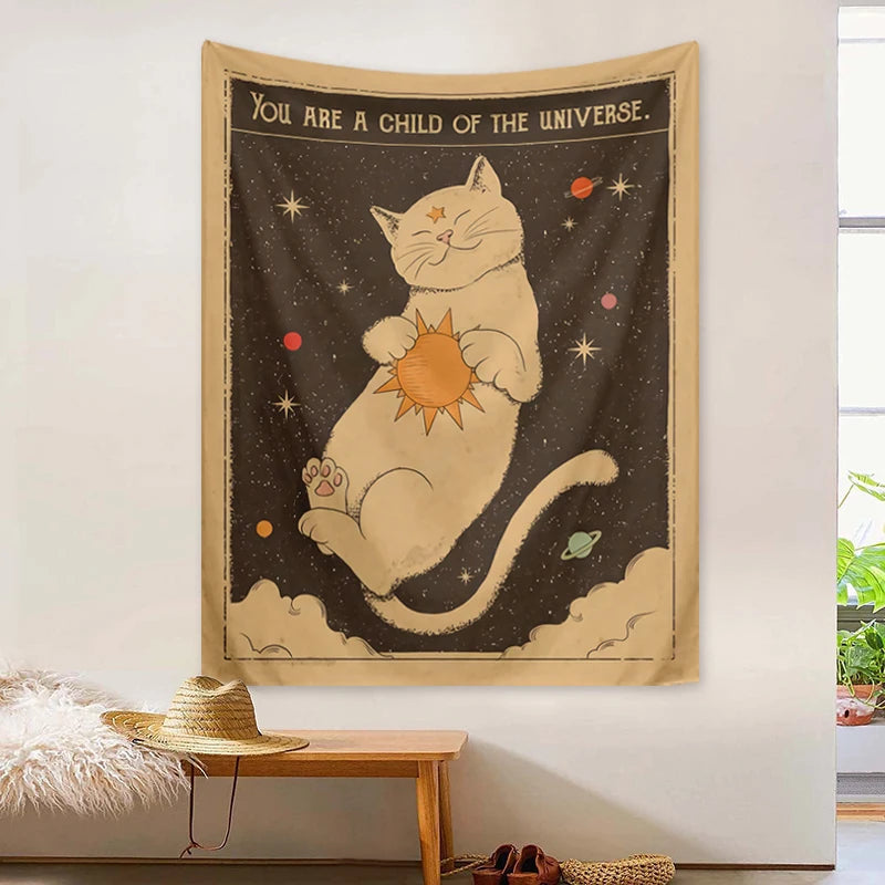 1pc Tarot Cat Tapestry, Moon Phase Sun Universe Starry Sky Tapestry, Cute Cat Wall Hanging