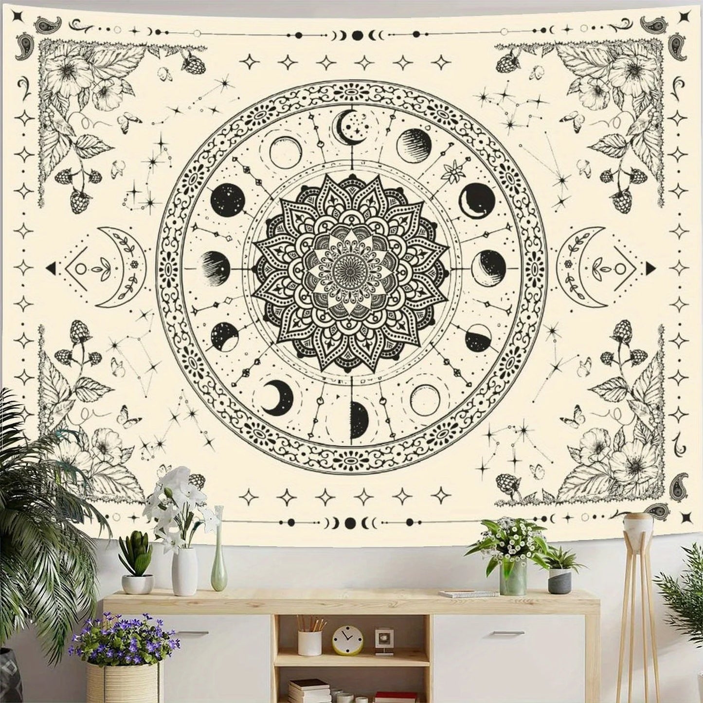 1pc Bohemian Mandala Floral Tapestry - Vintage Indian Wall Hanging with Celestial Moon and Stars Pattern for Bedroom Living Room