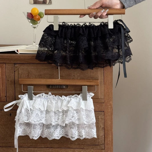 2025 Spring Summer Women Y2K Korean Lace Mini Layered Skirt Streetwear Lace Up Ruffles Harajuku High Waist Pleated Ladies Skirts