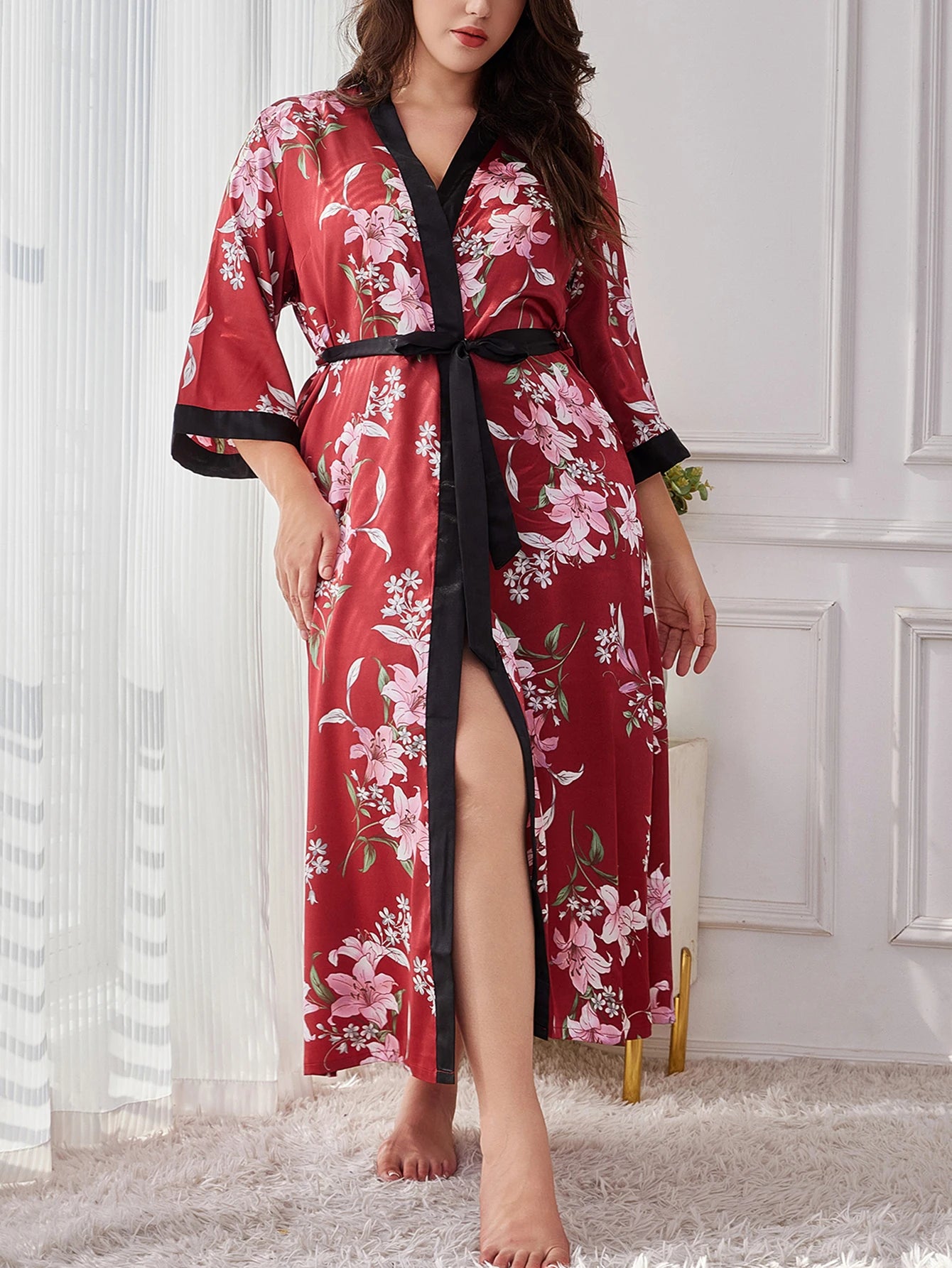 Women's Plus Size Belted Silk Robe Lightweight Random Floral Print Loose Long Sleepwear Fall Winter Loungewear for Curvy Home