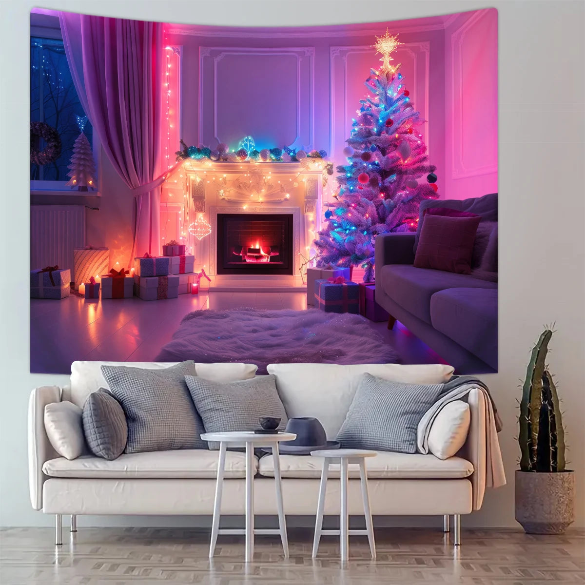 1pc Christmas tapestry, snow background banner outside the Christmas tree window, Christmas fireplace tapestry