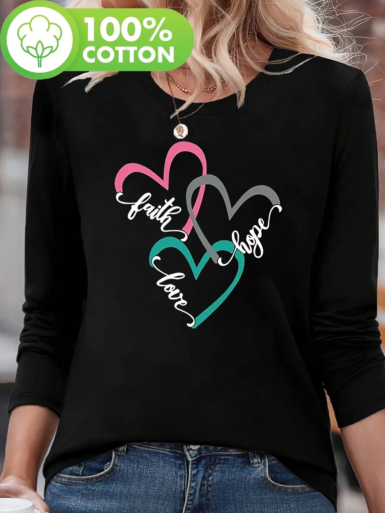 Women's autumn and winter 100% pure cotton fashionable casual heart-shaped printed round neck long sleeved T-shirt top