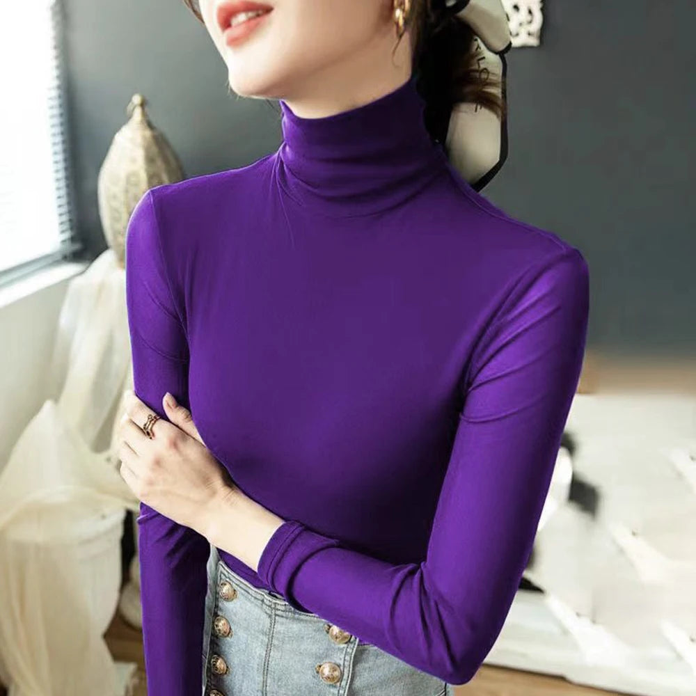 Women's Mesh T Shirt White Coffee Purple S-4XL High-neck Long Sleeve Shirt Women Slim Stretch Bottoming Tops Sexy Tees Ladies