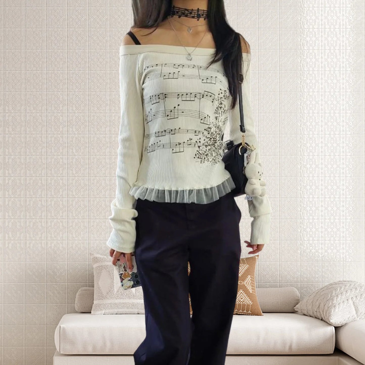 Women Y2K Graphic T-Shirts Long Sleeve Top Off Shoulder Music Score Tee Shirt Aesthetic Fairy T-Shirt Streetwear