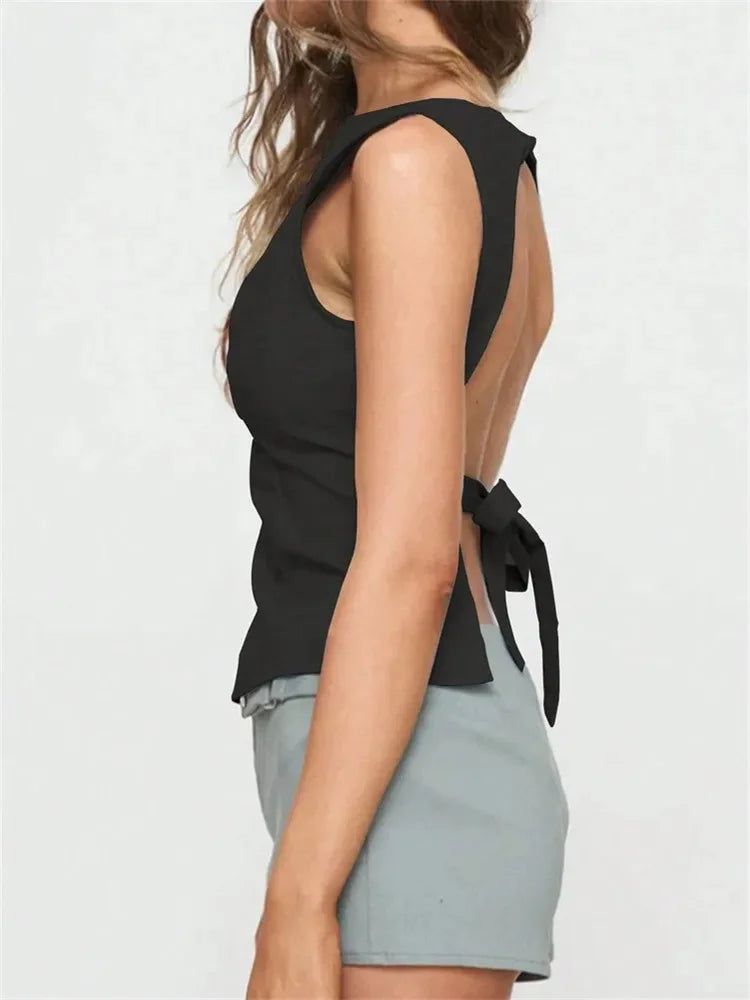 Women's Sexy Solid Color Backless Tank Top for Summer Club Sleeveless Knot Backless Tee Top Streetwear Y2K Clothes 2025