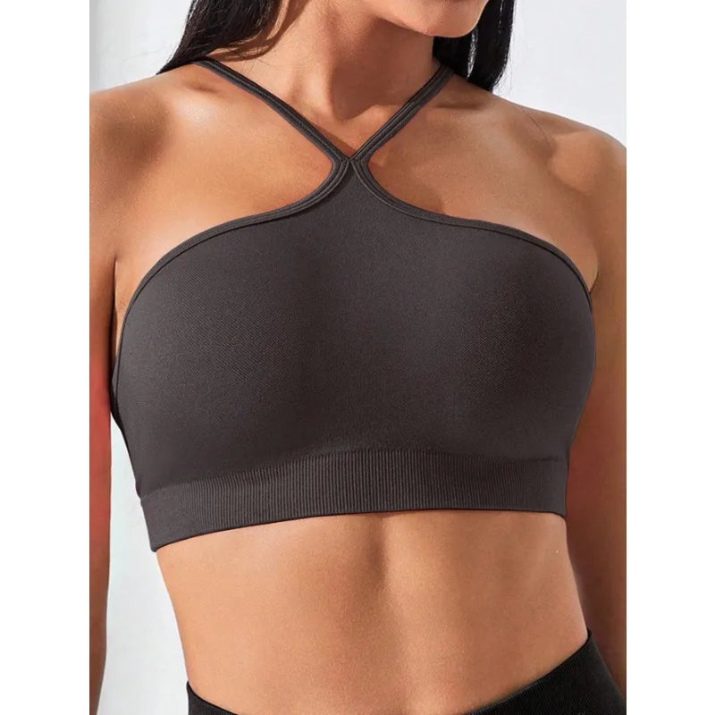 Women's Criss Cross Slim Fit Sports Cami Top Seamless Halter Crop Tee Shirt Tops Workout Tops