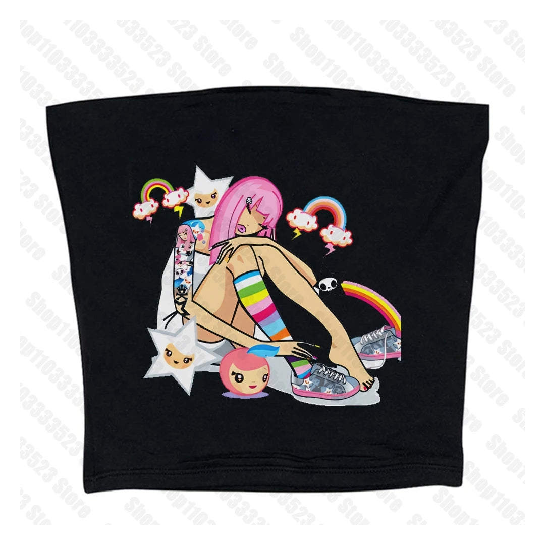 2000s E-girl Goth Women Vest Tank Top Aesthetic Streetwear Vintage Casual Short Sleeve T-Shirts Punk Y2k Style Clothes Baby Tees