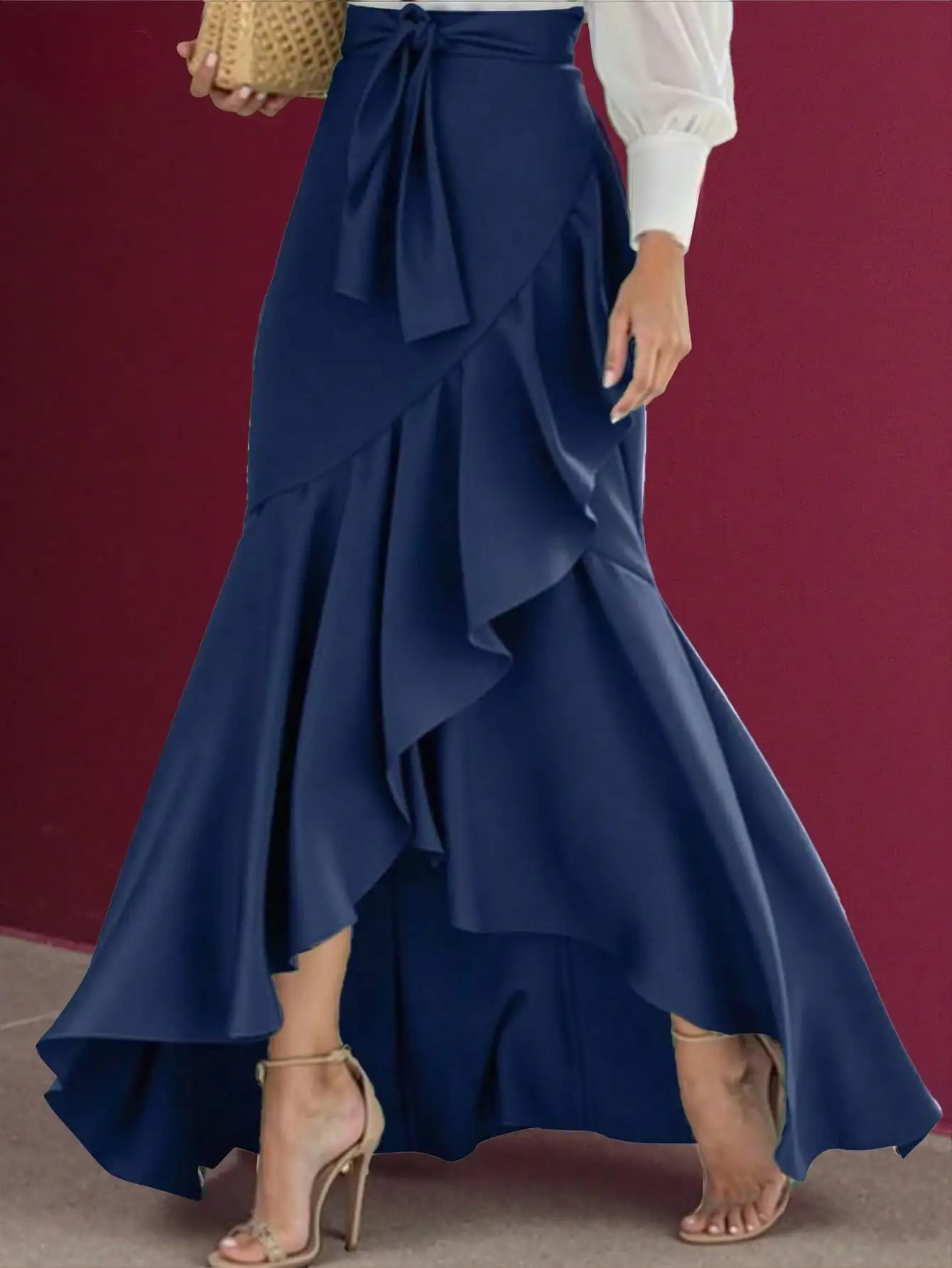 Women's Elegant Solid High Waist Mermaid Skirt Fashion Elastic Irregular Ruffle Long Skirt Casual Bow Tie Detail Maxi Skirt 2025