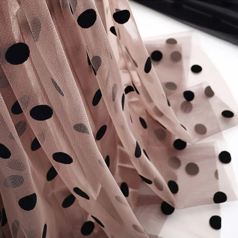 Women's Mesh Flower Skirts 2024 Autumn Winter Lace Flocking Big Swing Elastic High Waist Fashion Elegant A-line White Skirt Dot