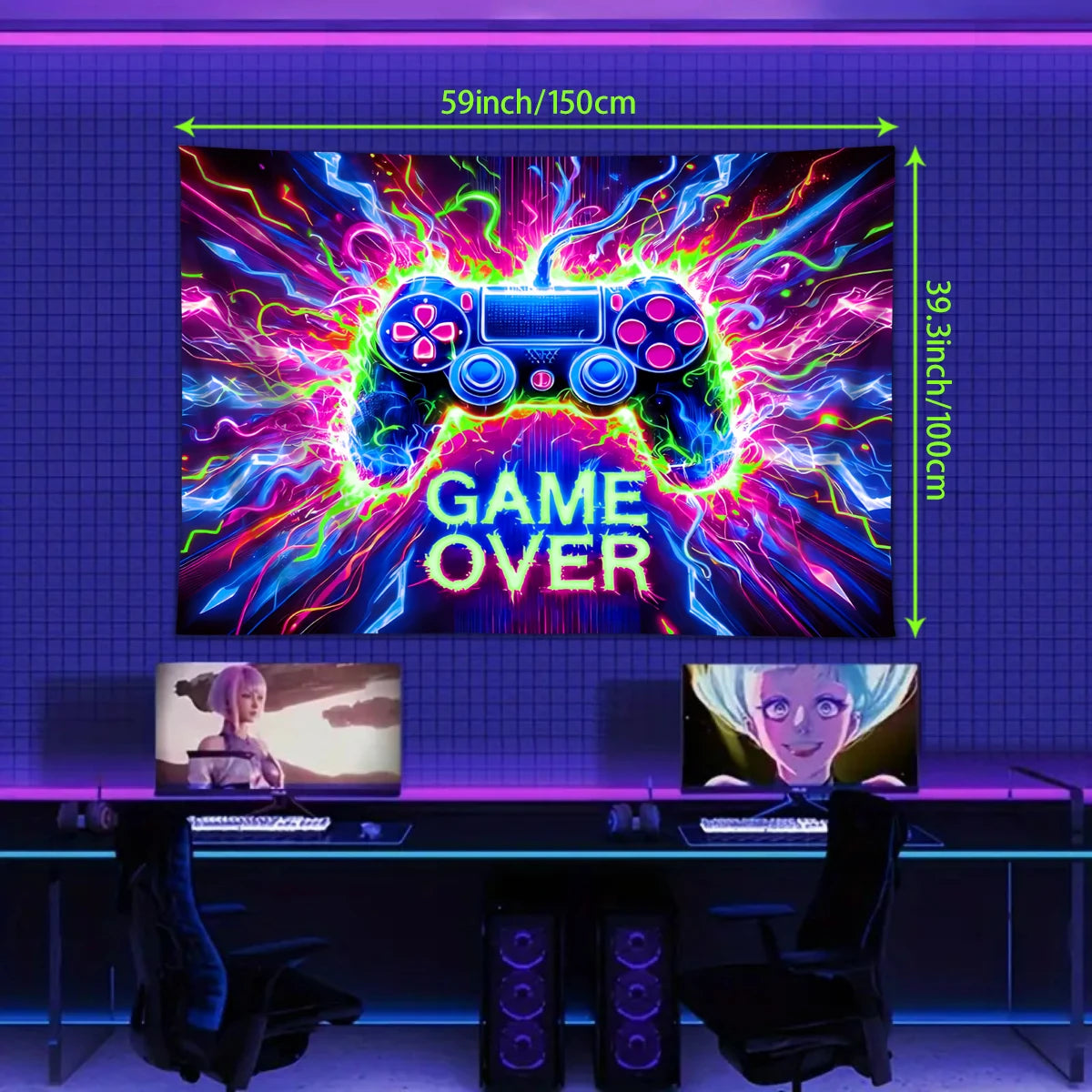 1pc Game controller fluorescent tapestry, UV reactive tapestry, e-sports room, e-sports club background decoration wall hanging