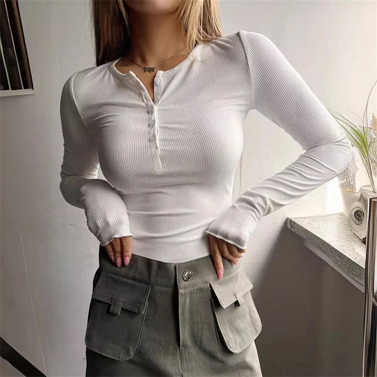 Women's Plain Half Button Front Ribbed Tee Y2K Slim Sexy Basic Pullover Shirt Casual Fit Long Sleeve Round Neck Solid T shirts