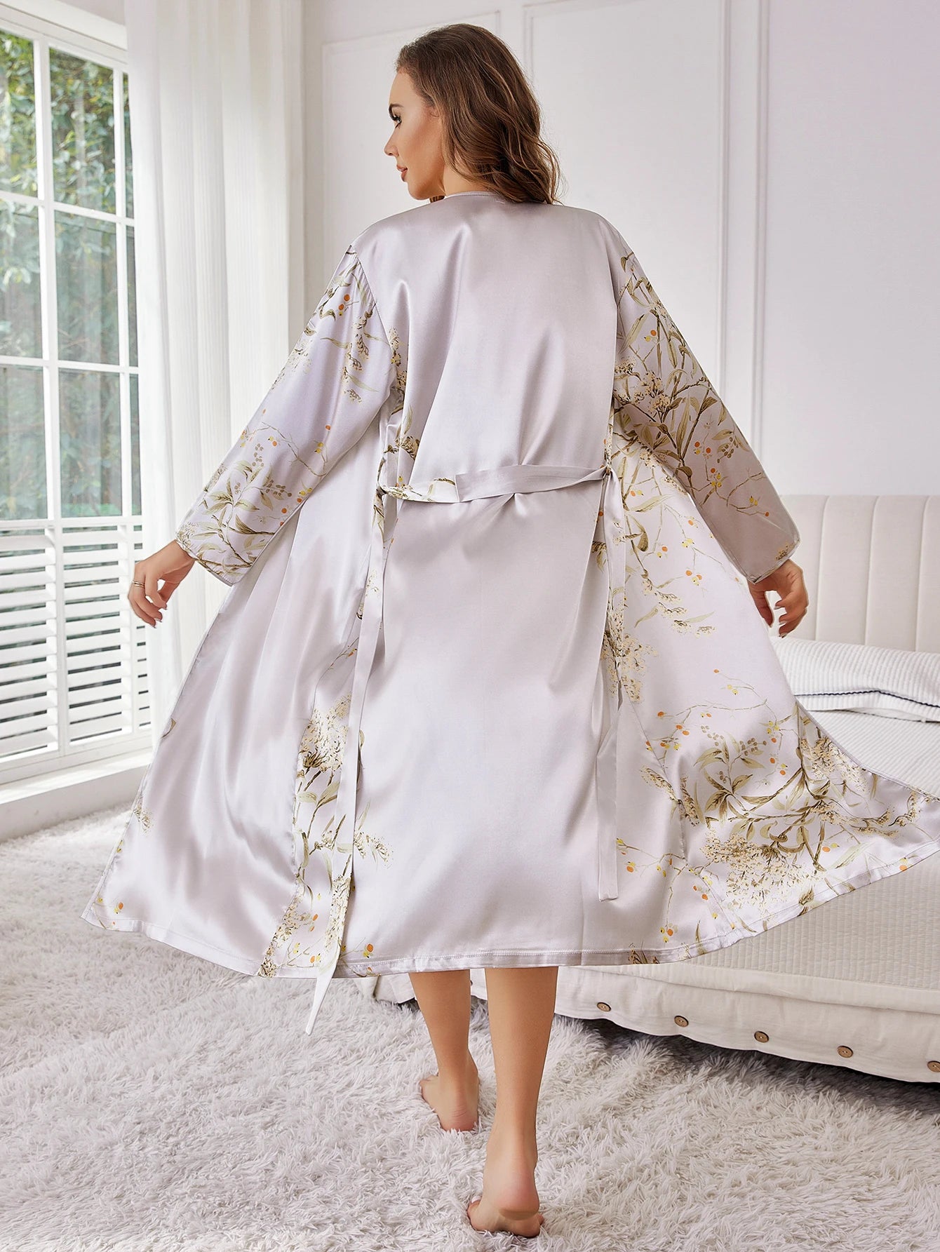 Women's Elegant Silk Robe Floral Print Loose Fit Long Sleeve Breathable Loungewear All-Season