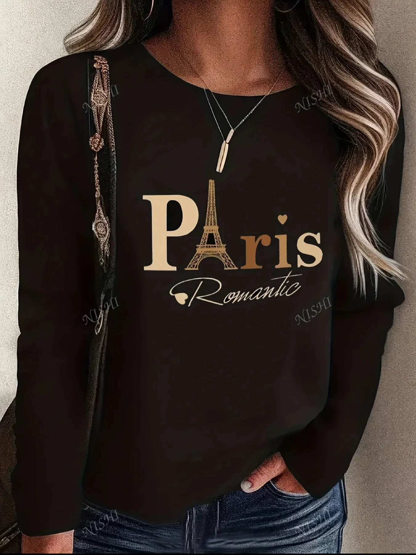 100% pure cotton women's spring and autumn comfortable casual long sleeved Paris graphic printed round neck T-shirt