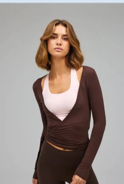 Women Yoga Wrap Tie Tops Y2k Solid Long Sleeve Slim Fit Crop Tops Ballet Workout Yoga T-Shirts Tees Coquette Sweet Chic Tops