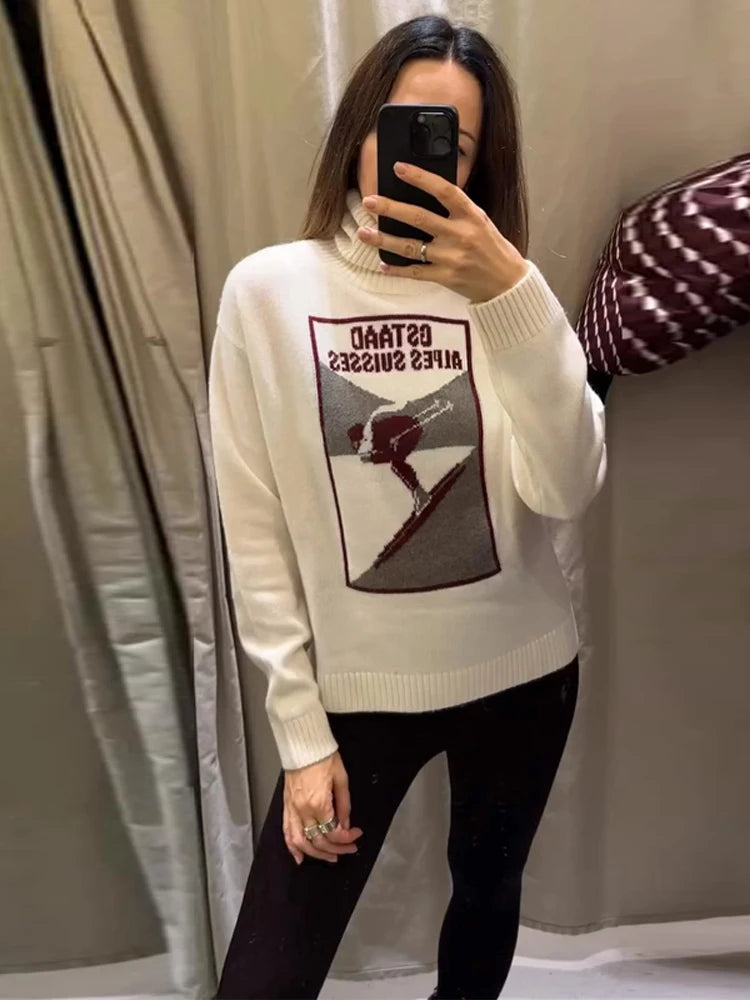 Women's 2 Pcs Suits Printed Pullover Sweater Pants Sets Street Female Turtleneck Long Sleeve Tops High Waist Trousers New Outfit