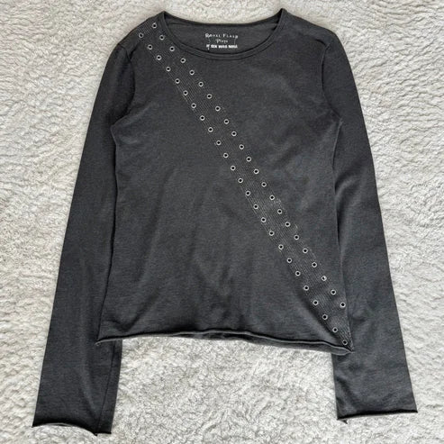 Y2K Classic Aesthetic Hip-Hop Guitar Print Loose Rivet Element Long Sleeved Retro Daily Couple Trend Cotton T-shirt Kawaii Top