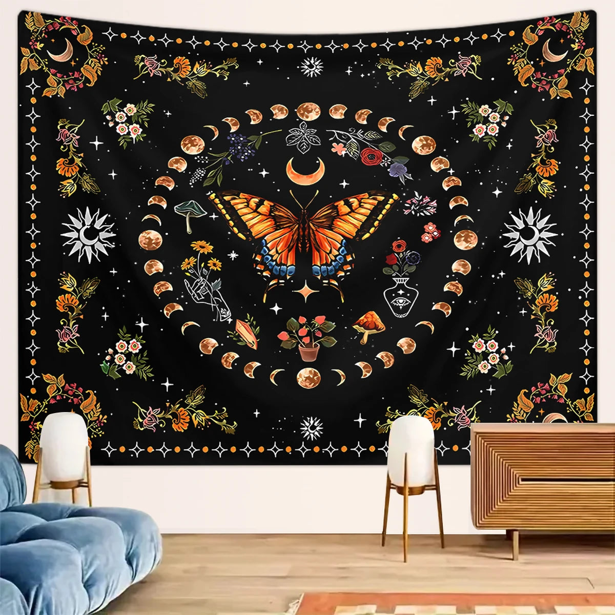 1pc Butterfly, Moon, Flower Tapestry, Plant Flower Bohemian Tapestry, Bedroom Aesthetics Retro Moonphase Starry Sky Tapestry