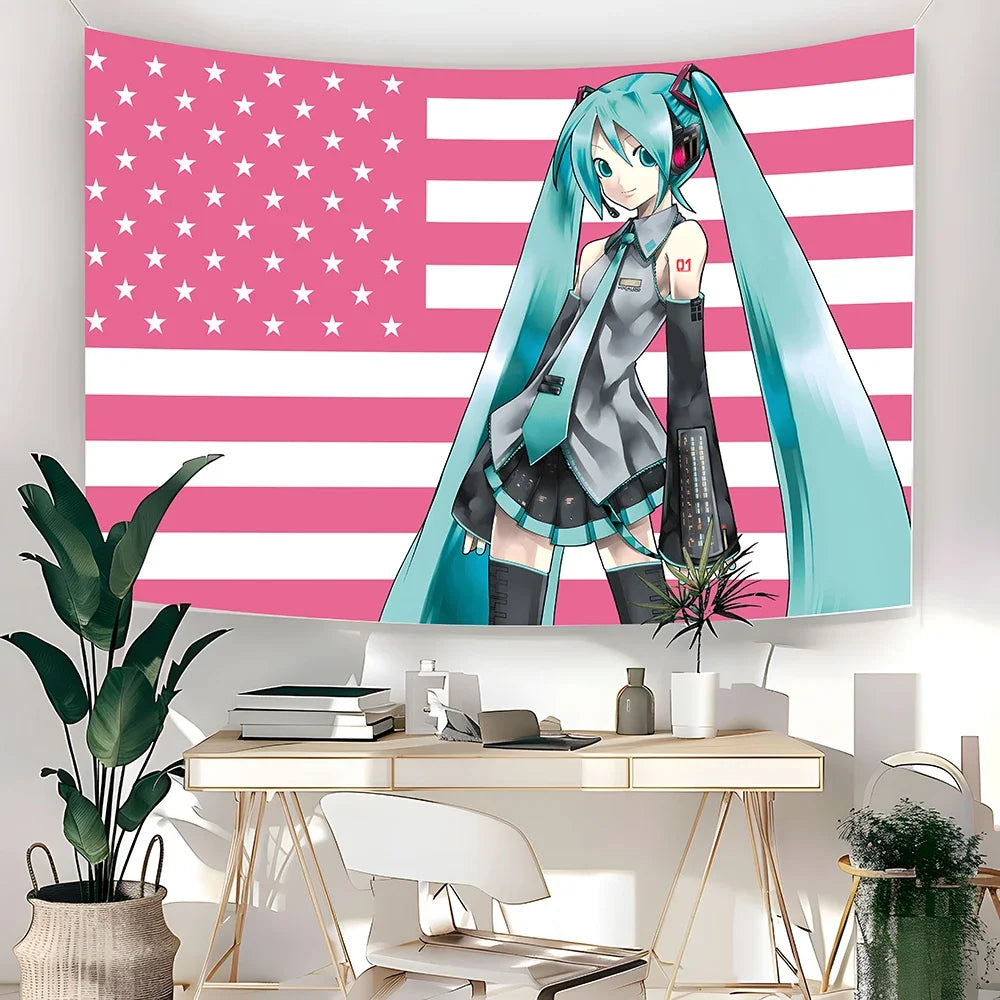 1 Pc Miku American Flag Tapestry Anime Background Decoration Dormitory Bedhead Tapestry Living Room Sofa Background Cloth