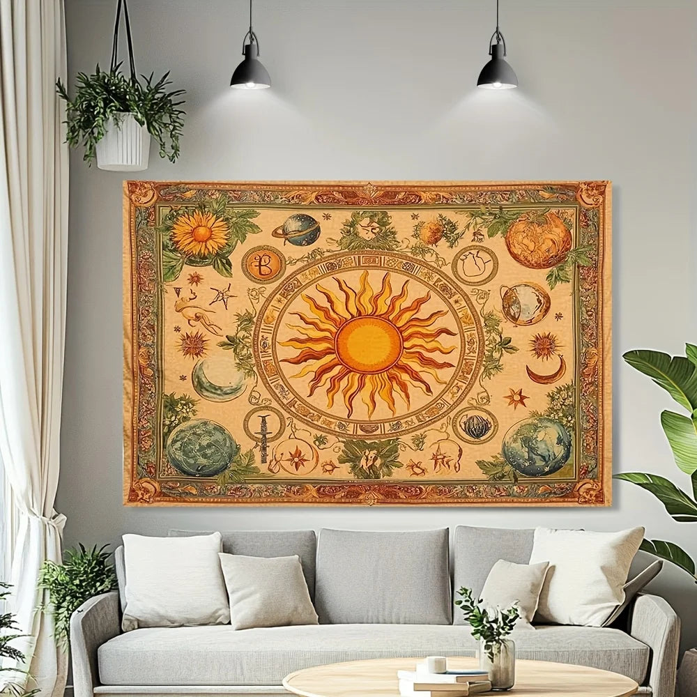 1pc Bohemian celestial tapestry with sun, moon, sunflower and butterfly pattern - Vibrant yellow polyester wall hanging