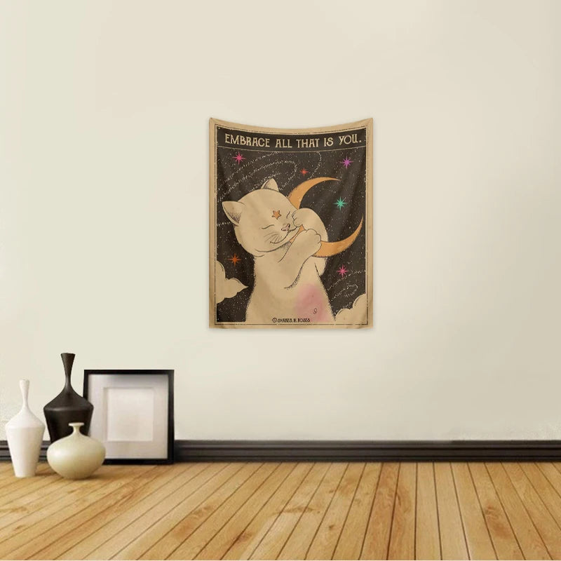1pc Tarot Cat Tapestry, Moon Phase Sun Universe Starry Sky Tapestry, Cute Cat Wall Hanging