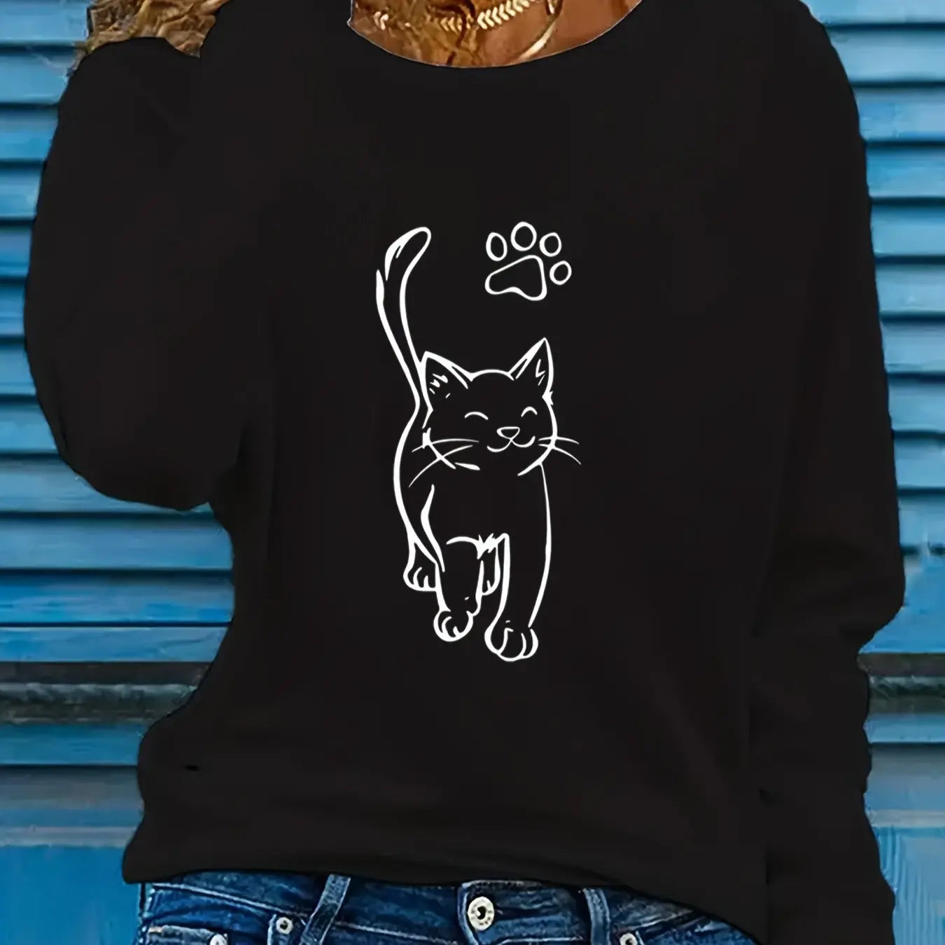 Women's Spring and Autumn 100% Cotton Fashion Casual Loose Leopard Pattern Heart Pattern Printed Round Neck Long Sleeve T-shirt